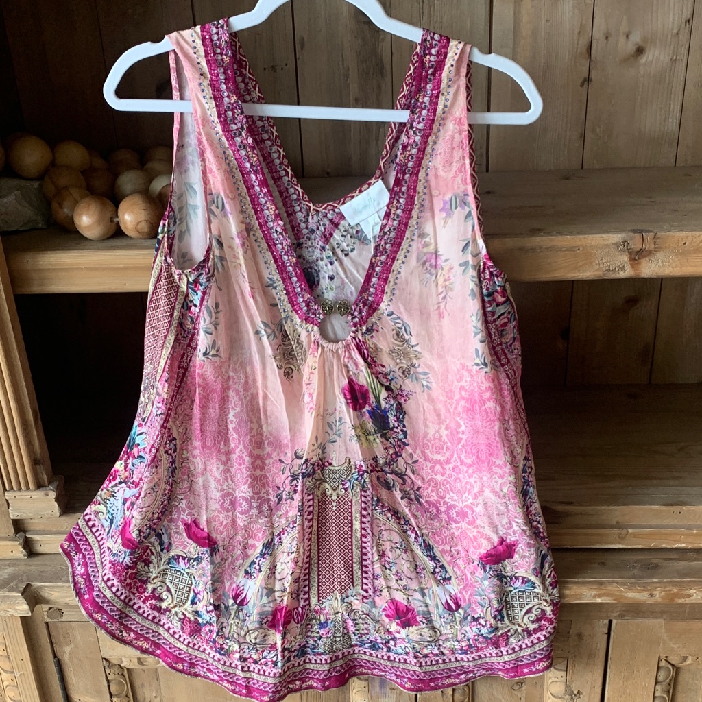 Camilla Silk “La Belle” Wide Strap U Ring Floral V-Neck Top Bnwt Small